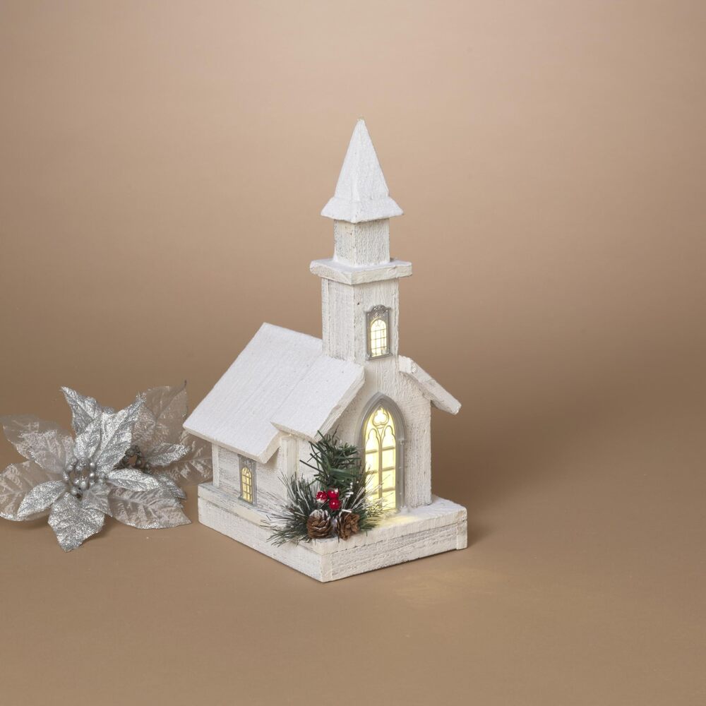 1951 International Battery Operated Lighted Holiday Wood Church with Pine &